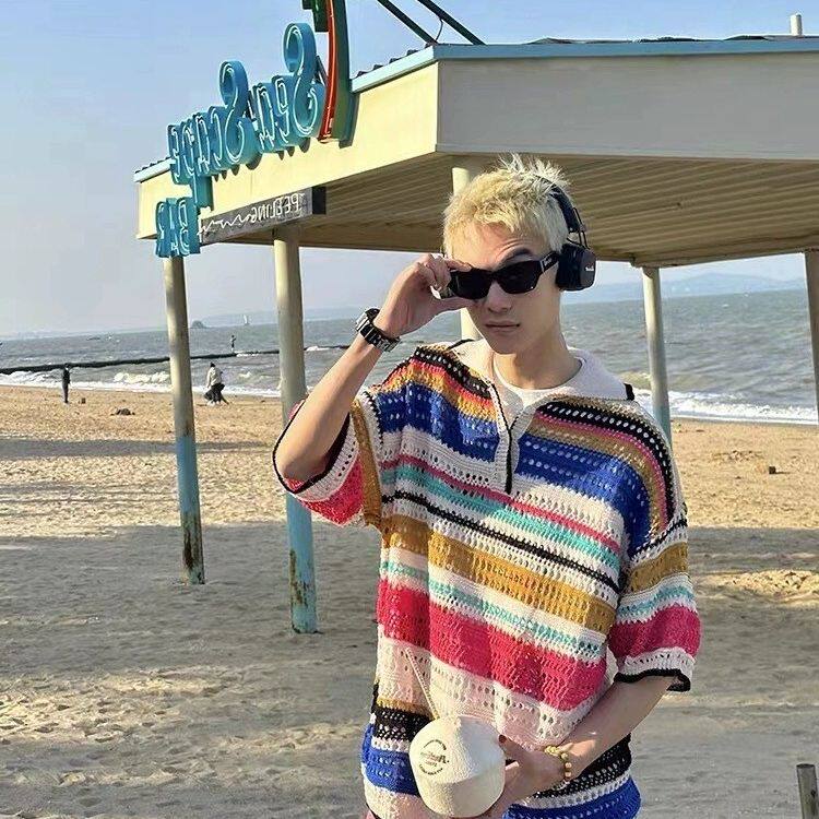 日系复古镂空针织条纹翻领POLO衫短袖夏季小众设计感情侣男女T恤，男装针织衫/毛衣，星座1210-1