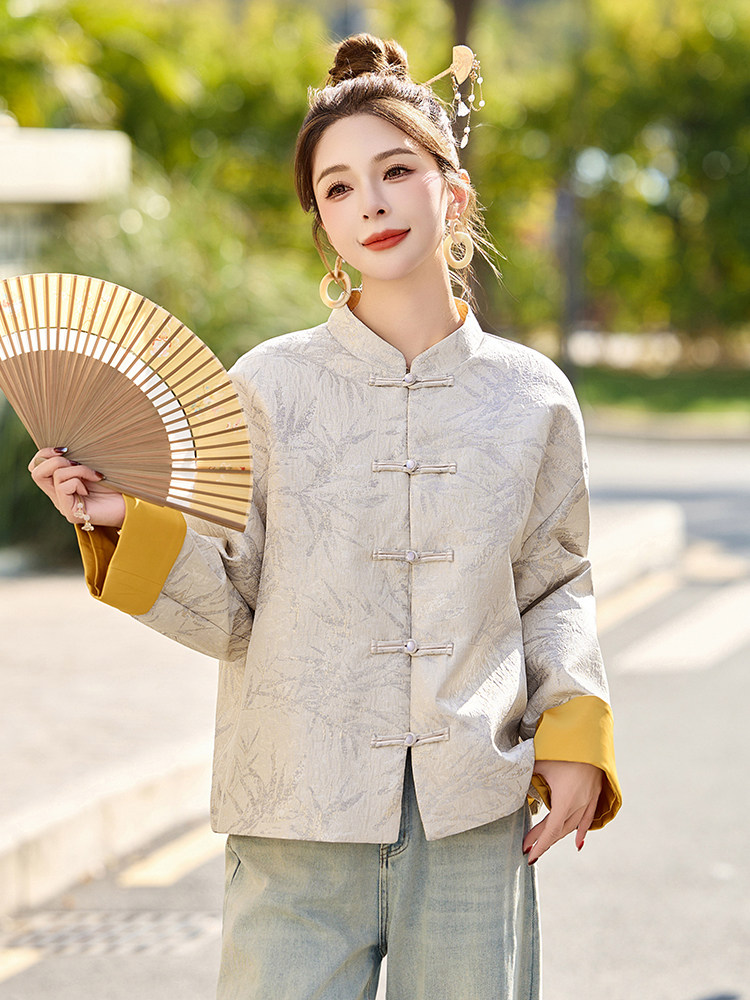 新中式国风提花短款外套女2025春季新款盘扣高端气质撞色唐装上衣,女装短外套,依如秀(原杭风阁)