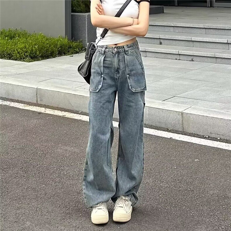 美式复古水洗工装牛仔裤女高街新款高腰宽松显瘦百搭直筒阔腿长裤,女装牛仔裤,星座506A
