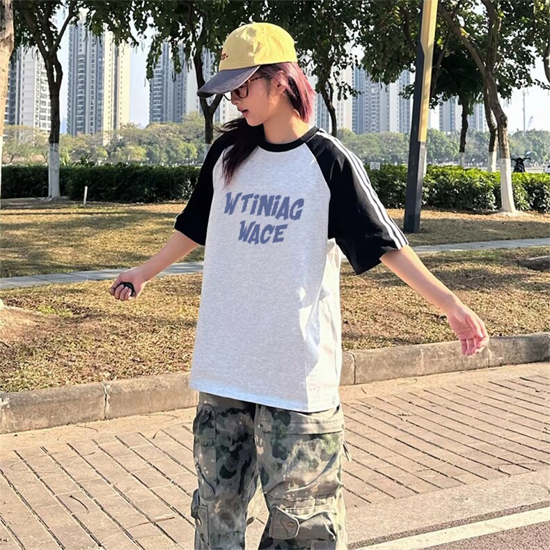抖音得物品质二开240克宽松纯棉美式潮牌插肩三杠织带短袖T恤,男装T恤,电商A486