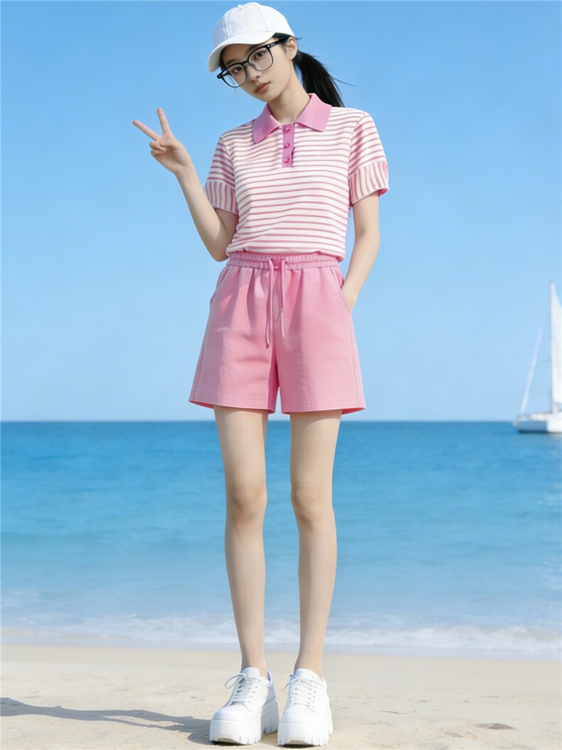 韩版运动休闲套装女夏季新款时髦减龄条纹Polo领上衣阔腿裤两件套,女装套装/套裙,江南