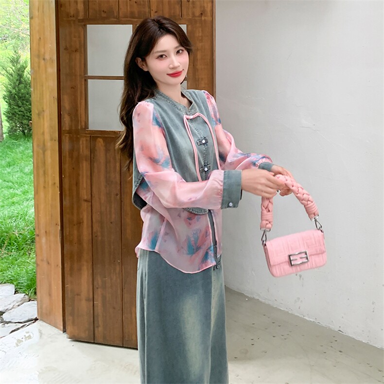 菲系列|新中式牛仔拼接盘扣衬衫+半身裙上品折扣女装25春套装女,女装套装/套裙,小九月