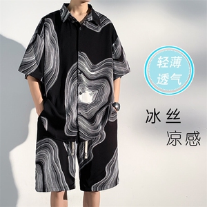 特批P45无差价夏新冰丝短袖衬衫五分短裤男薄款透气两件套装TZ068