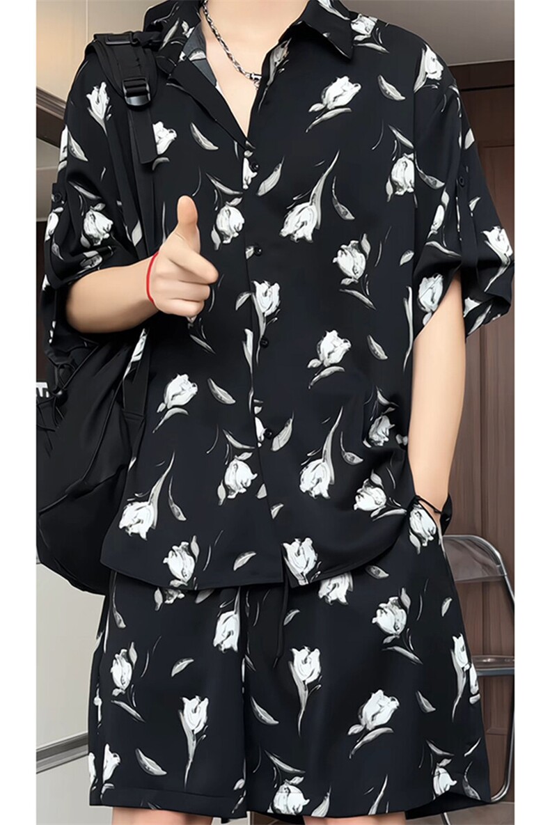 短袖衬衫男+短裤男潮流休闲套装男M-5XL大码TZ78712P50控98模特图,男装牛仔裤,星座226-1