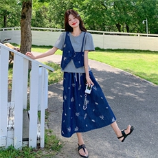 新款2025夏季韩系假两件刺绣马甲半身裙套装6109-P165-K238，女装套装/套裙，2C057