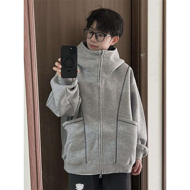 抖音得物高品质秋冬美式高街重磅结构辑明线纹理连帽卫衣外套W111,女装短外套,电商A486-1