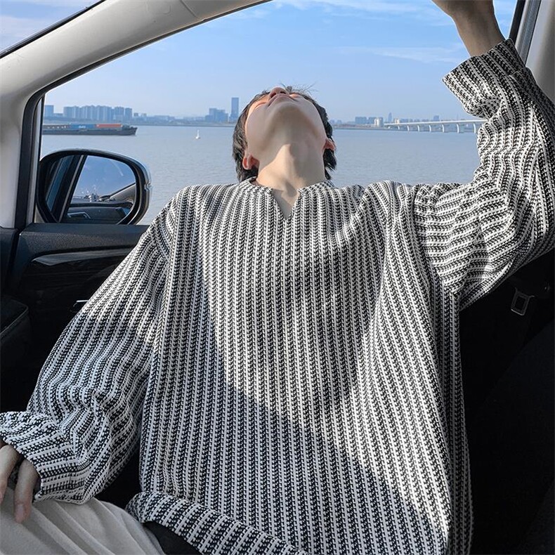 2026春季新款现货5W件280g重磅V领鱼骨纹长袖T恤T24536特P15控48，男装T恤，电商A001