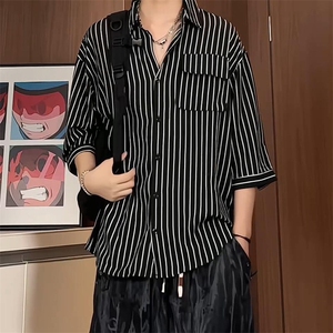 C2037/P35现货夏季条纹工装短袖衬衣男士宽松衬衫五分袖潮大码男图片