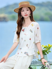 重工刺绣纯苎麻小衫女2026夏新款休闲宽松短款衬衫百搭上衣，女装衬衫，余墨