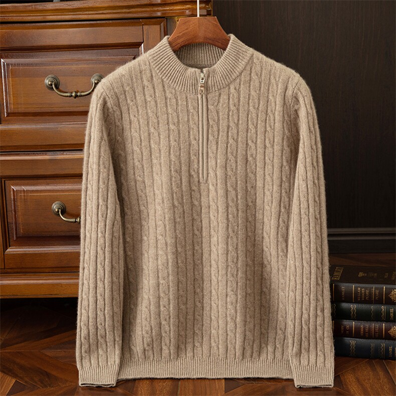 高品质男士羊绒套衫半高拉链设计经典麻花编织舒适保暖商务休闲，男装羊绒套衫，鼎坤羊绒