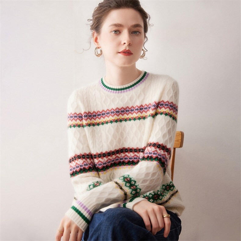 条纹撞色100%山羊绒衫女圆领拼色加厚毛衣2025新款秋冬针织打底衫,针织衫/毛衣,美创羊绒