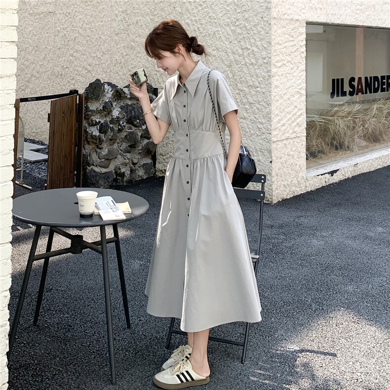 时髦简约气质淡人翻领连衣裙女2025夏季松弛显瘦泡泡袖高腰衬衫裙,女装连衣裙,2D145