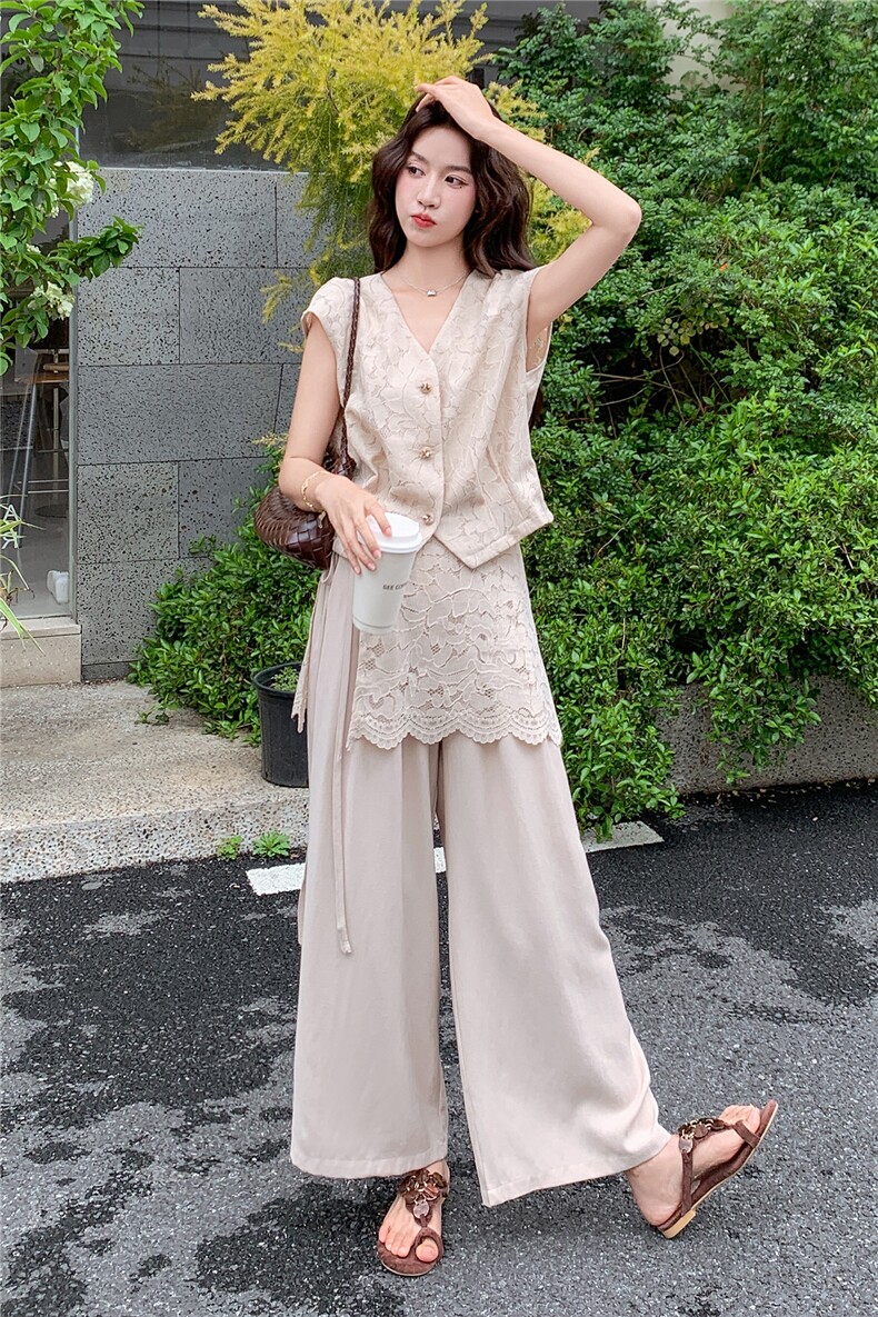 轻熟风气质套装女2026夏季薄款蕾丝上衣显瘦阔腿裤两件套,女装套装/套裙,冬木谷雨