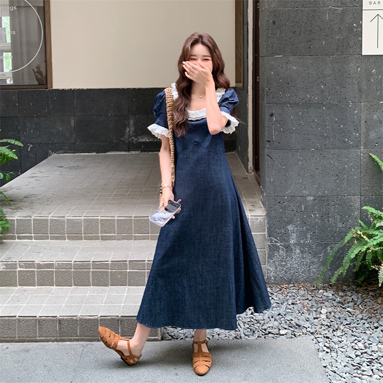 日系复古蕾丝边梨型身材显瘦长裙女2025夏季新款文艺范牛仔连衣裙图片