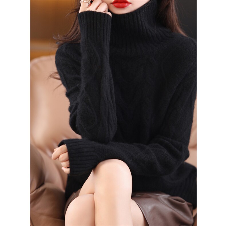 秋冬新款扭花羊绒衫女高领加厚宽松羊毛衫百搭麻花针织打底衫大码，女装羊毛衫，忠诺羊绒