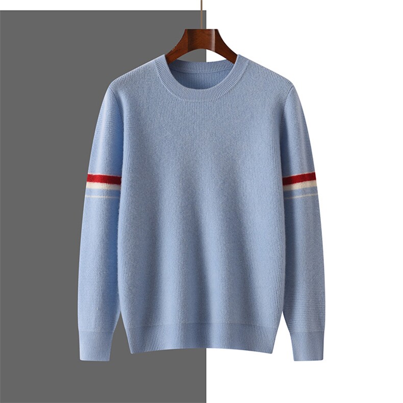 条纹男士圆领宽松秋冬季新款百搭套头针织衫，男装羊绒套衫，隆格羊绒