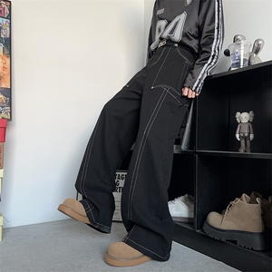 美式复古个性明线设计直筒牛仔裤美式宽松阔腿裤男女款