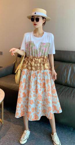 【现货】韩版三色花拼接连衣裙,女装连衣裙,秋水月亮