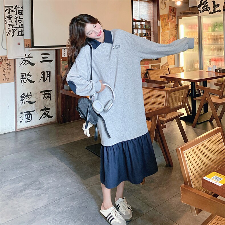 【现货】2026秋装撞色拼接灰色连衣裙2C056-6807-P120控178,女装连衣裙,2C056