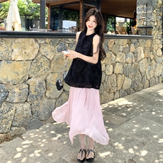 甜美蕾丝提花背心半身裙套装女夏2025新款独特绝美两件套超火减龄，女装短外套，2C050