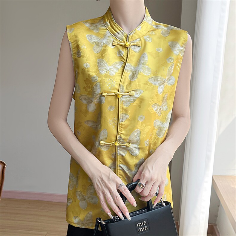 缎面古风立领盘扣不对称马甲，女装T恤，圣丽羊绒