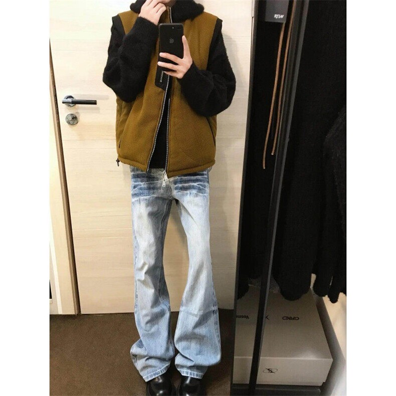 美式高街vibe裤子男款春秋水洗蓝加绒牛仔裤cleanfit弯刀直筒长裤,男装牛仔裤,星座1007（原301D）