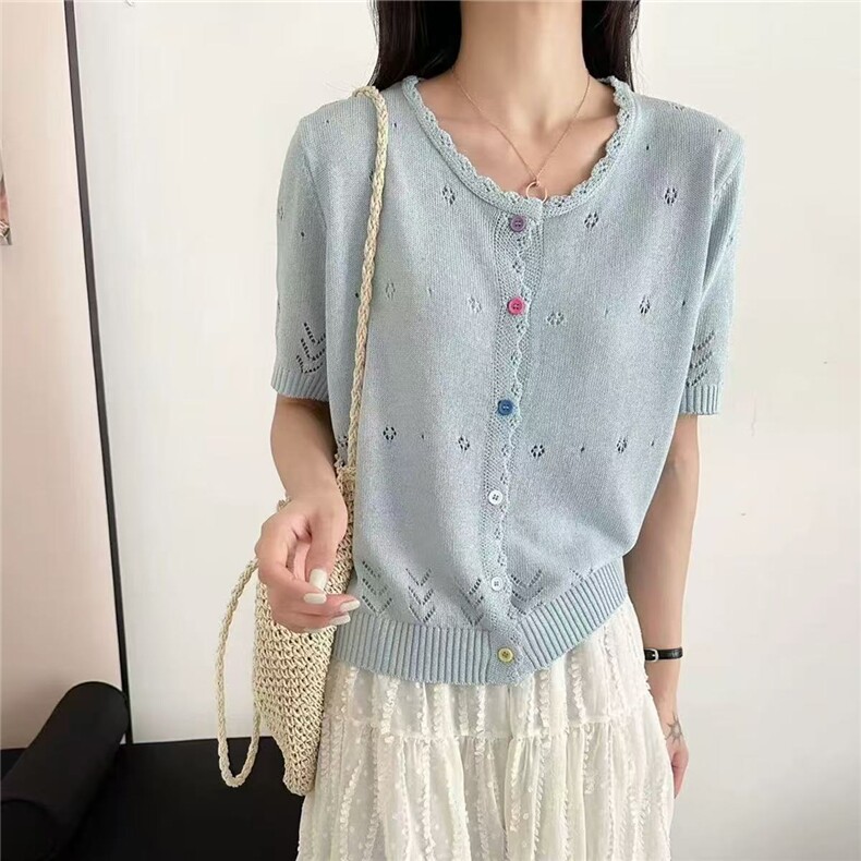 时尚镂空彩扣天丝+亚麻针织开衫短袖女夏季圆领拼色百搭T恤衫半袖，女装T恤，悦玛羊绒