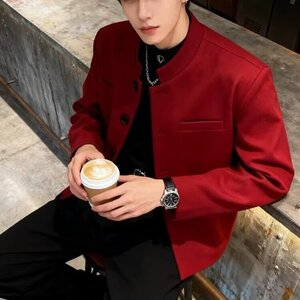 秋季复古酒红色雅痞垫肩小立领短款西服外套男高级感毛呢外套韩版图片