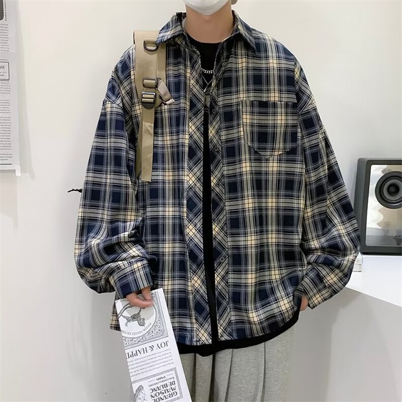 慵懒长袖秋季潮流简约衬衫日系格子男标准潮日常新款ins时尚都市,男装衬衫,星座813-2