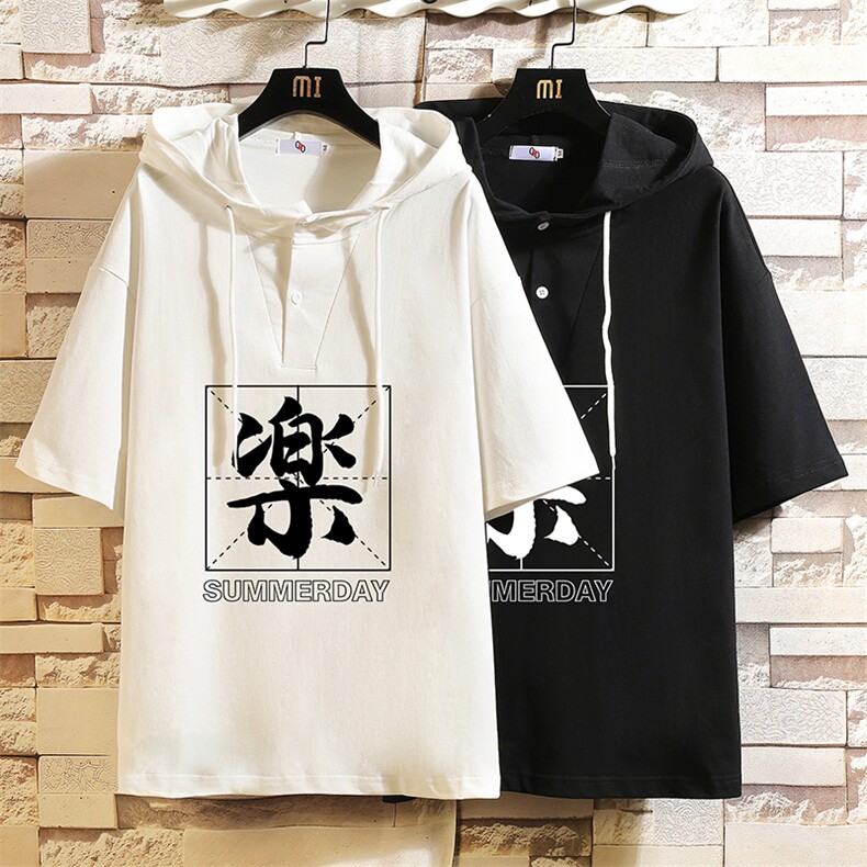 LD54197-P45连帽短袖t恤男大码胖子带帽五分袖中袖砖墙挂拍,男装T恤,电商A040A