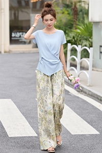 韩系御姐风洋气针织上衣+碎花阔腿裤套装两件套女夏季巨好看减龄图片