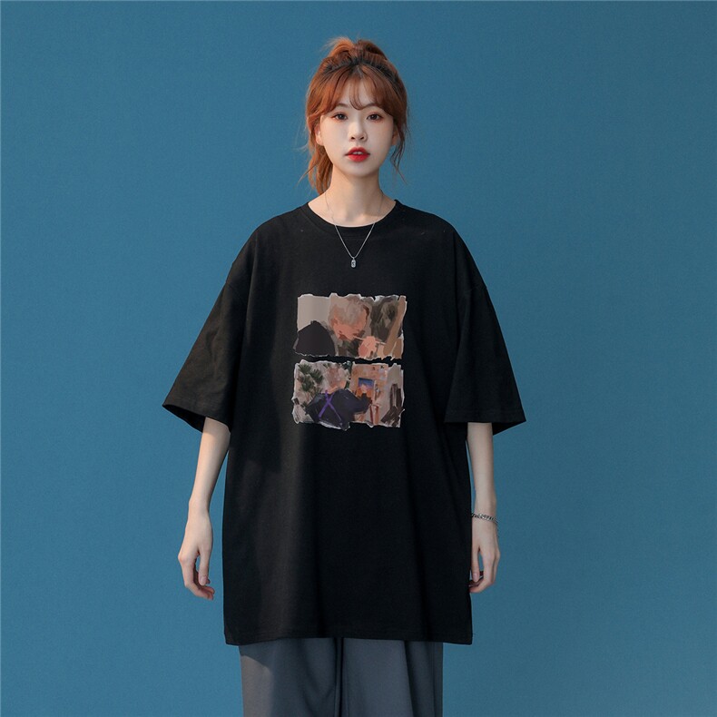 中性23夏季美式潮牌情侣文艺复兴油画小众慵懒风短袖T67P25控38,男装T恤,A247A
