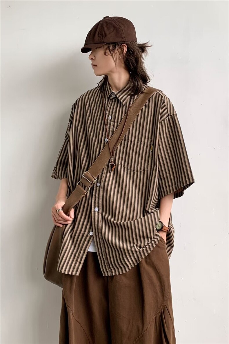 夏季日系复古条纹短袖衬衫男女生宽松男友风工装衬衣潮C2666-p28,男装衬衫,星座1008