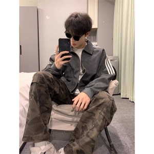条纹pu皮衣夹克潮男春秋复古痞帅机车服三条杠翻领外套 JHT116图片