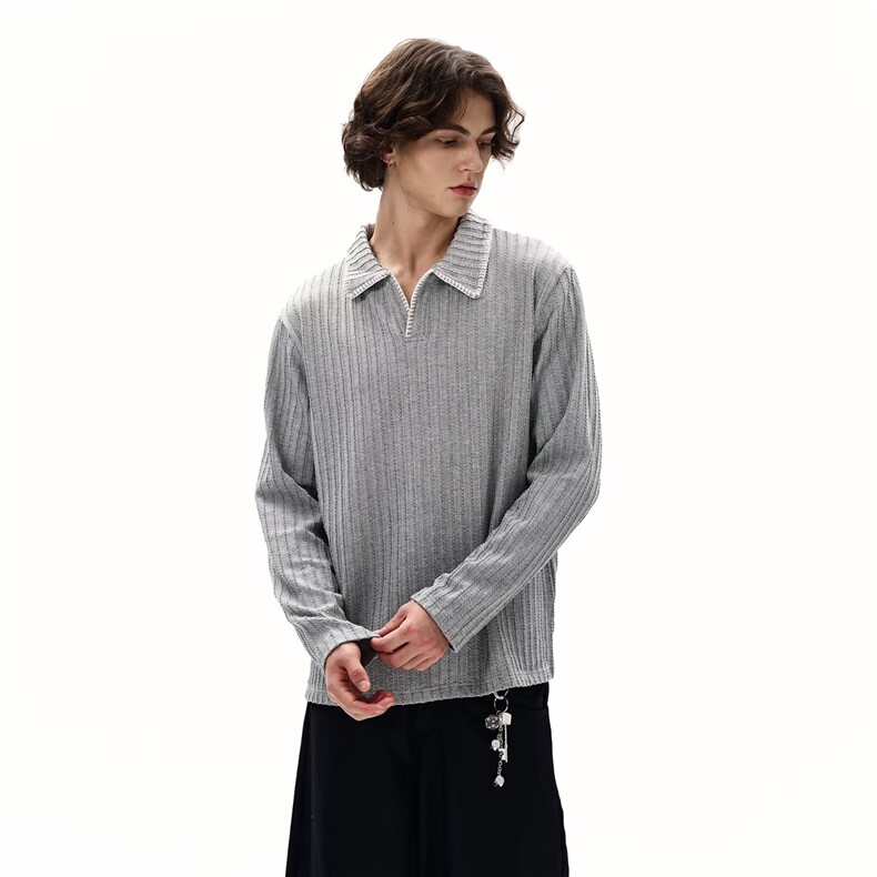 W20-P40 25春夏新品男士春秋季新款痞帅宽松打底麦穗条长袖T恤图片