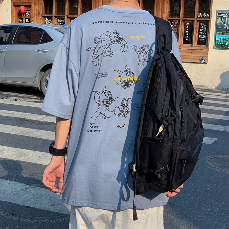 新款美式卡通猫和老鼠宽松纯棉慵懒风ins短袖T恤B05-P30,男装T恤,电商B288