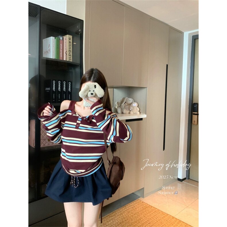 kumikumi设计感撞色条纹露肩长袖T恤女秋季显瘦,男装T恤,星座506A
