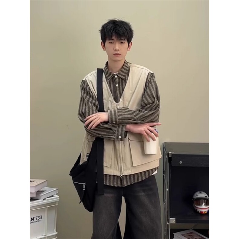 C49-P65假两件工装长袖衬衫男生2025新款日系复古条纹衬衣外套,男装衬衫,星座215-1
