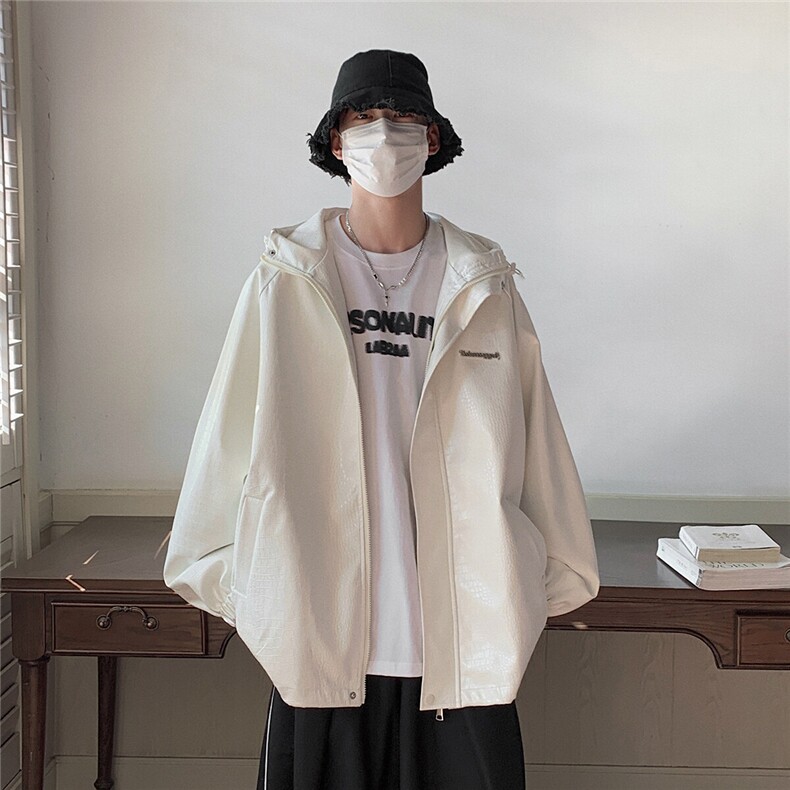 港风连帽鳄鱼纹PU皮衣大码情侣休闲冲锋衣夹克男JK8744P90控128,男装夹克,星座226-1