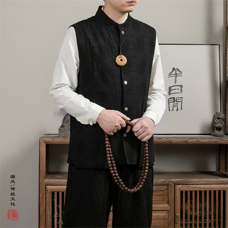 风男装秋季立领新中式棉麻提花马甲MJ85P75,男装背心/马甲,钱塘802