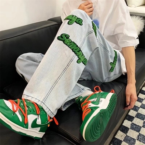 欧美hiphop裤子vibe刺绣复古牛仔裤男设计感直筒阔腿裤N7101-P53图片
