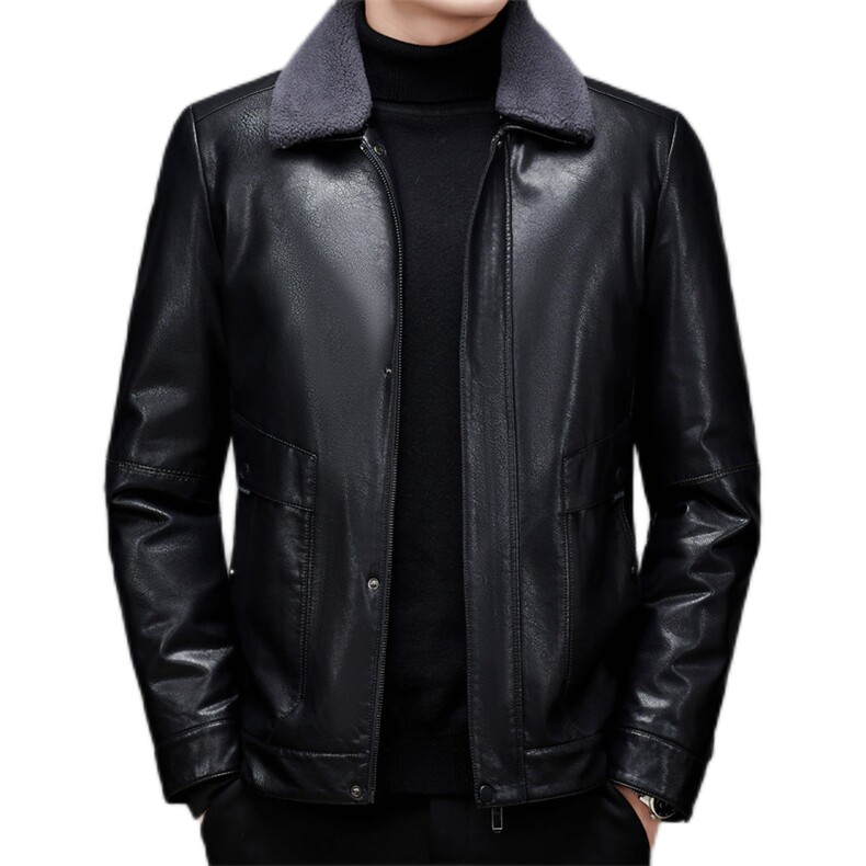 冬季新款羊羔毛领外套中年男士白鸭绒皮羽绒服翻领加厚保暖男装,男装皮衣,电商B212（原钱塘6029）