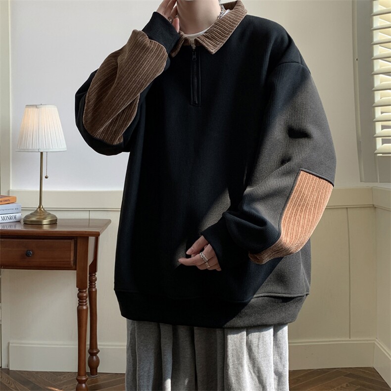 A018-WX920P55/现货秋装新款方领半拉链拼接套头卫衣男，男装卫衣，电商A018