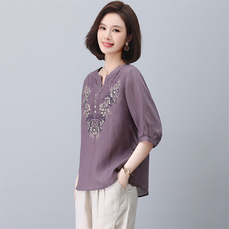 棉麻女夏2025年新款时尚大码中年妈妈苎麻衬衫洋气减龄,女装T恤,忆绮罗