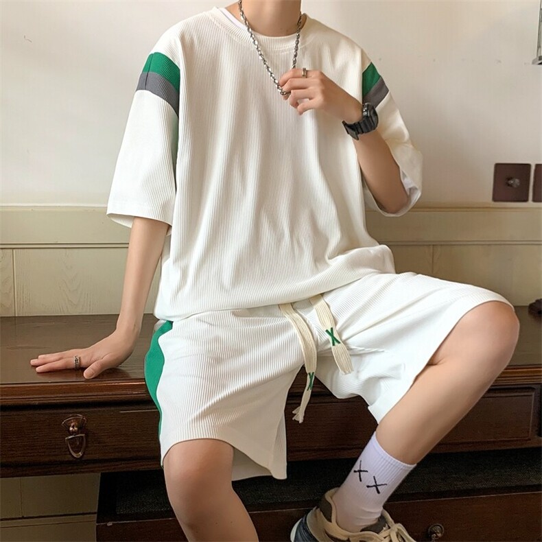 夏季大码港风情侣防晒休闲运动五分裤两件套套装男S16P50图片