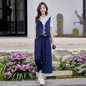 洋气百搭牛仔连帽拼接蕾丝阔腿裤套装女夏季新款三件套装裤图片