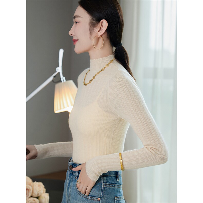 秋冬季10%羊绒90%羊毛简约休闲百搭时尚16针竖纹精纺半高领羊绒衫，女装羊绒衫，云暖羊山羊绒
