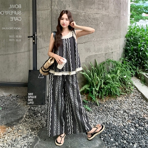 韩系蕾丝拼接流苏上衣条纹阔腿裤套装女2025夏新款甜美温柔两件套图片