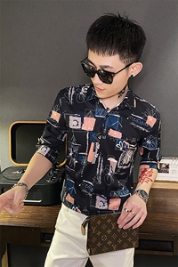 312A-107-P55 新款社会小伙中袖衬衫韩版潮流男士五分袖衬衣B图片