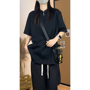 重磅半拉链亨利领短袖T恤宽松型设计感休闲风上衣男T3705-特价P27图片